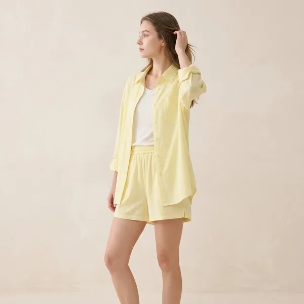 Pastel_Yellow_Sheer_Oversized_Shirt_And_Shorts_Co_Ord_Set_For_Women