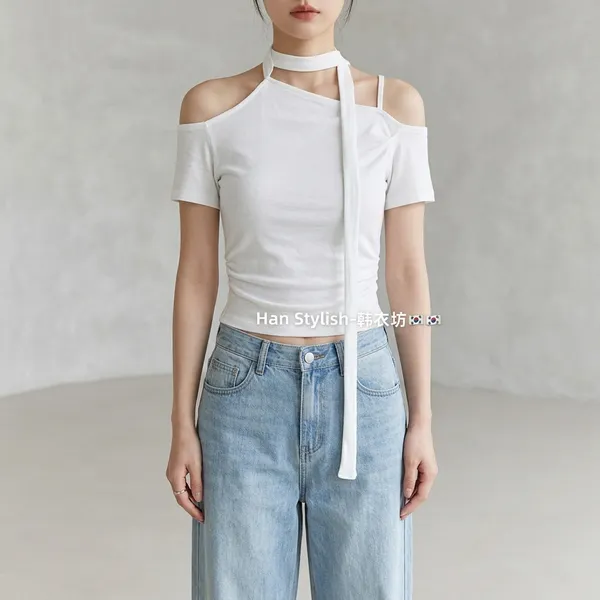 White_Cotton_Cold_Shoulder_Halter_Neck_Crop_Top_For_Women
