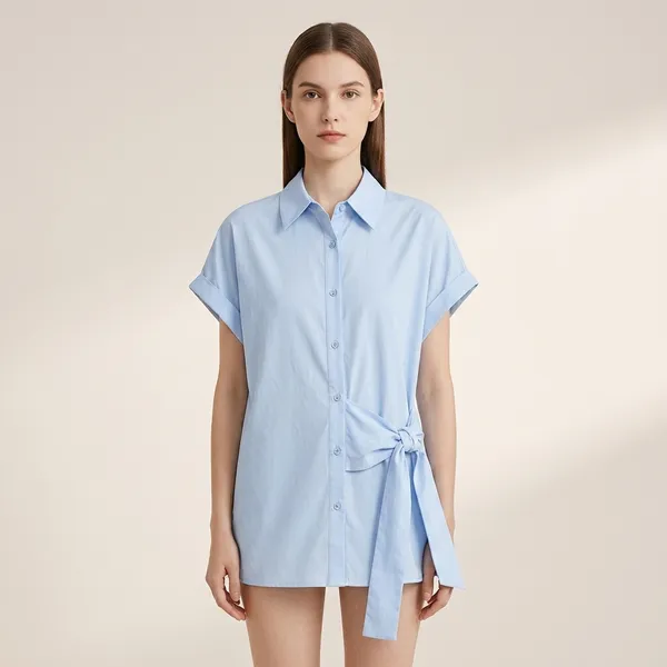Light_Blue_Cotton_Relaxed_Collared_Side_Tie_Shirt_For_Women