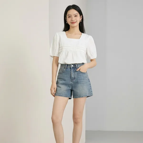 White_Cotton_Puff_Sleeve_Square_Neck_Top_For_Women
