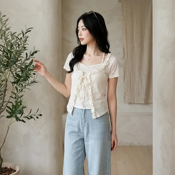White_Cotton_Lace_Overlay_Ribbon_Tie_Crop_Top_For_Women