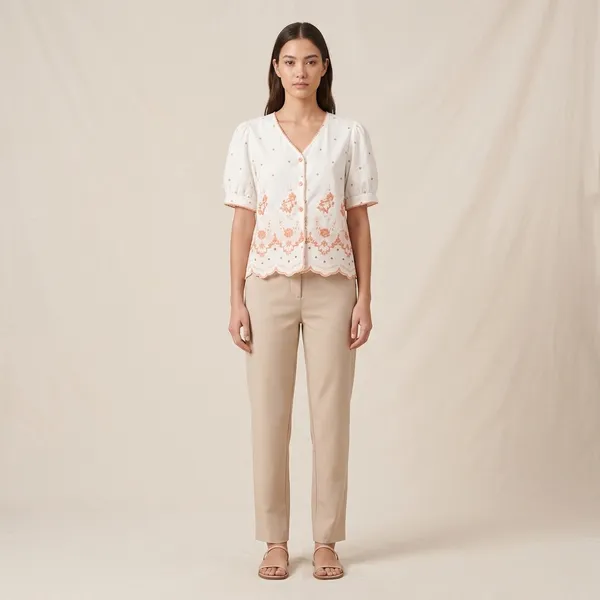 White_Cotton_Puff_Sleeve_Floral_Embroidered_Button_Down_Top_For_Women