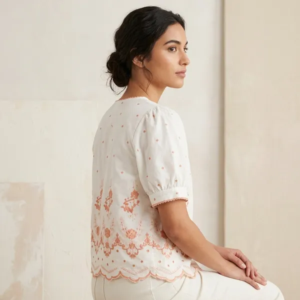 White_Cotton_Puff_Sleeve_Floral_Embroidered_Button_Down_Top_For_Women