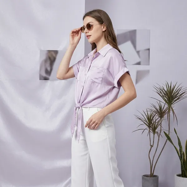 Purple_Satin_Tie_Front_Crop_Shirt_For_Women