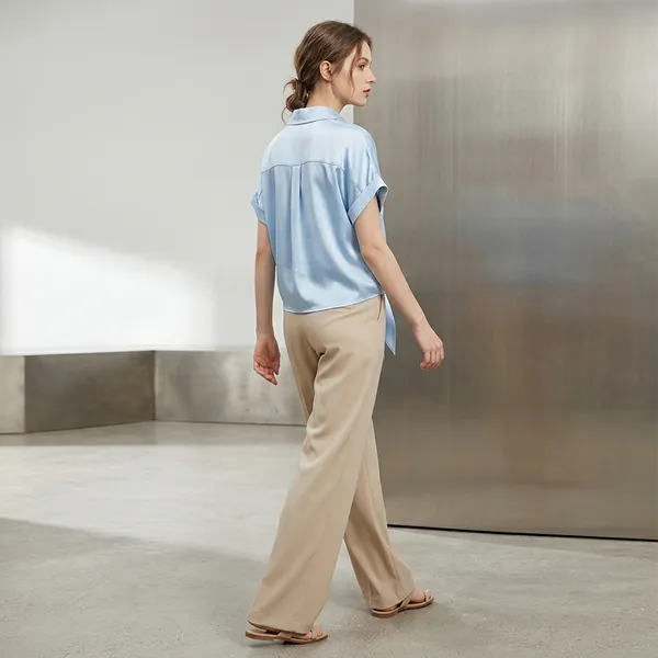Blue_Satin_Short_Sleeve_Tie_Front_Shirt_For_Women