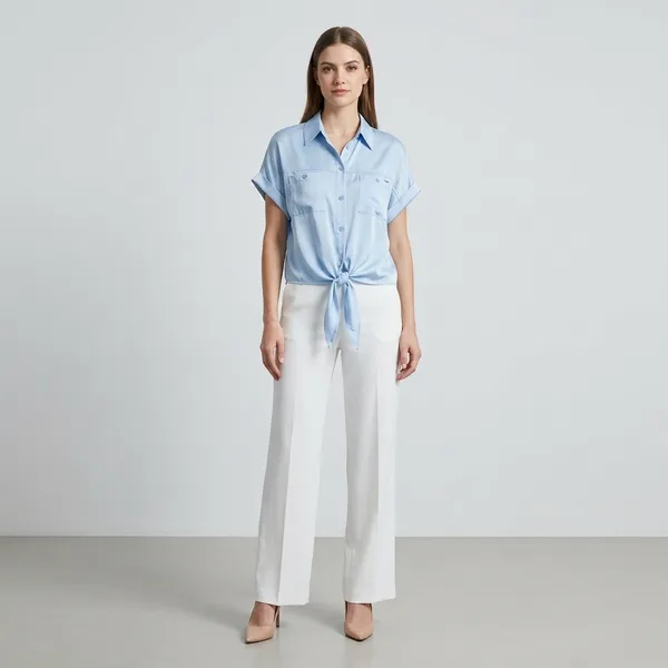 Blue_Satin_Short_Sleeve_Tie_Front_Shirt_For_Women