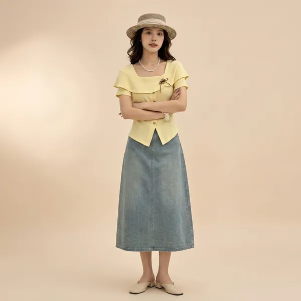 Yellow_Cotton_Ruffled_Square_Neck_Button_Down_Crop_Top_For_Women