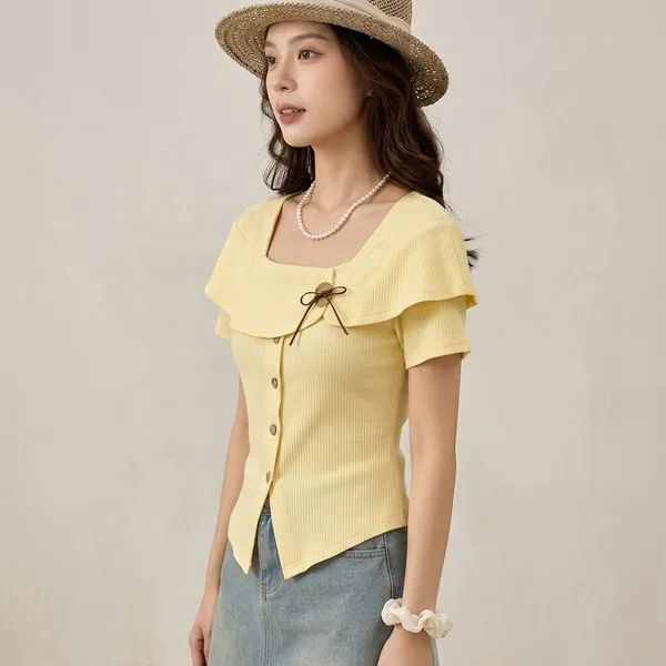 Yellow_Cotton_Ruffled_Square_Neck_Button_Down_Crop_Top_For_Women