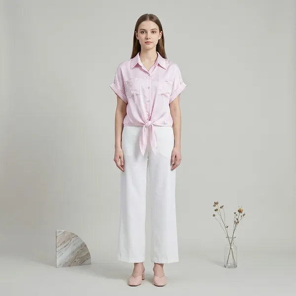 Pink_Satin_Short_Sleeve_Tie_Front_Shirt_For_Women