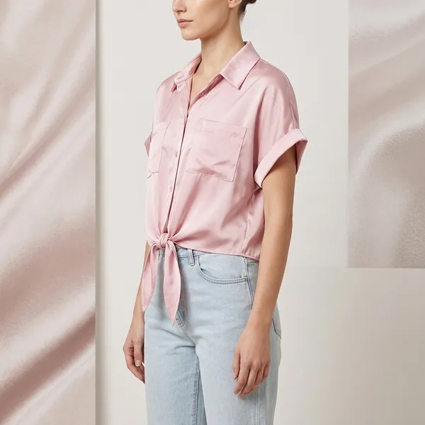 Pink_Satin_Short_Sleeve_Tie_Front_Shirt_For_Women