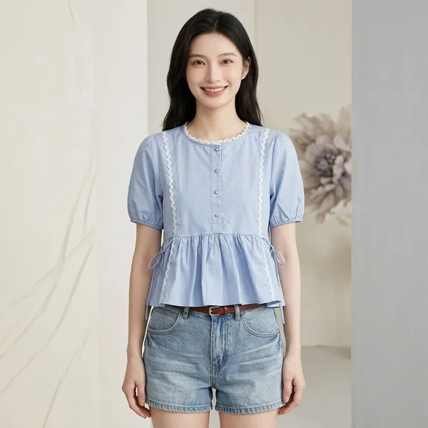 Blue_White_Cotton_Lace_Detail_Puff_Sleeve_Top_For_Women
