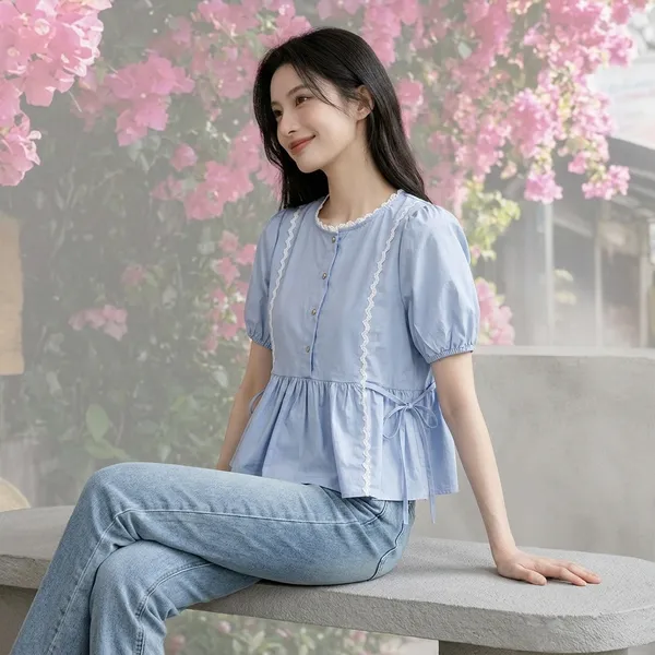 Blue_White_Cotton_Lace_Detail_Puff_Sleeve_Top_For_Women