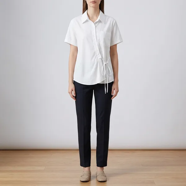 White_Cotton_Drawstring_Waist_Short_Sleeve_Shirt_For_Women