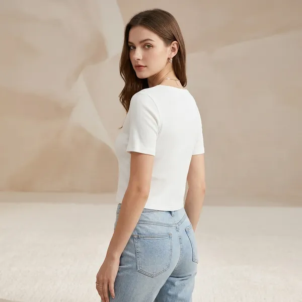 White_Cotton_Half_Sleeve_Button_Front_Crop_Top_For_Women