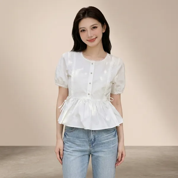 White_Cotton_Puff_Sleeve_Button_Front_Peplum_Top_For_Women