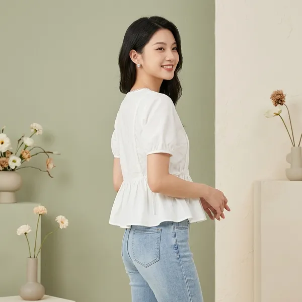 White_Cotton_Puff_Sleeve_Button_Front_Peplum_Top_For_Women