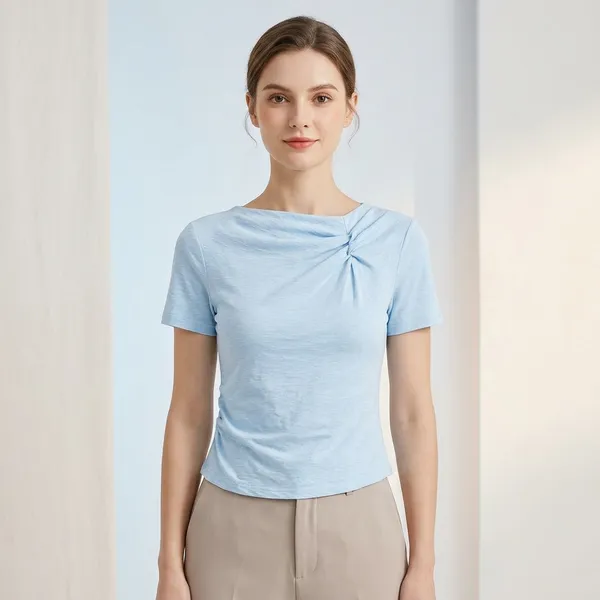 Light_Blue_Cotton_Twisted_Neckline_Short_Sleeve_Crop_Top_For_Women
