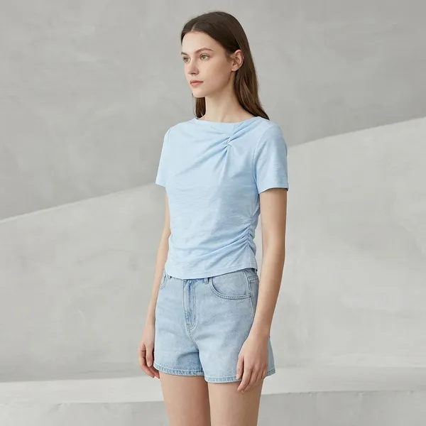 Light_Blue_Cotton_Twisted_Neckline_Short_Sleeve_Crop_Top_For_Women