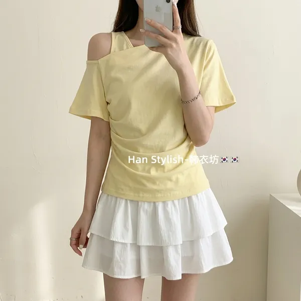 Yellow_Cotton_Cold_Shoulder_Flare_Sleeve_Crop_Top_For_Women