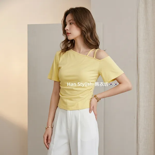 Yellow_Cotton_Cold_Shoulder_Flare_Sleeve_Crop_Top_For_Women