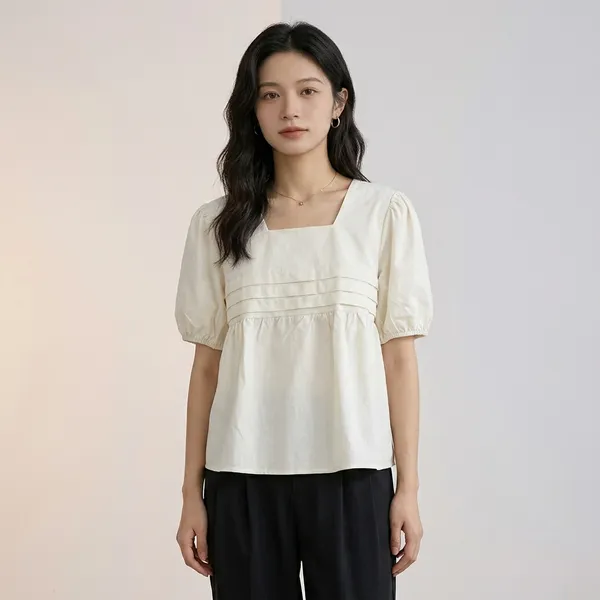 White_Cotton_Empire_Waist_Puff_Sleeve_Top_For_Women
