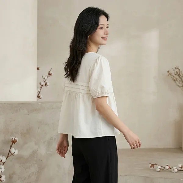 White_Cotton_Empire_Waist_Puff_Sleeve_Top_For_Women