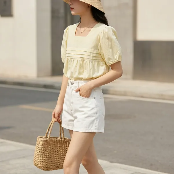 Pale_Yellow_Cotton_Puff_Sleeve_Square_Neck_Top_For_Women