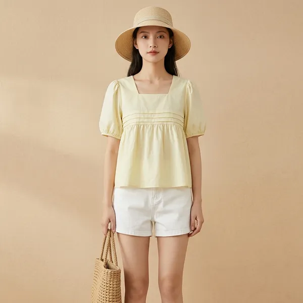 Pale_Yellow_Cotton_Puff_Sleeve_Square_Neck_Top_For_Women