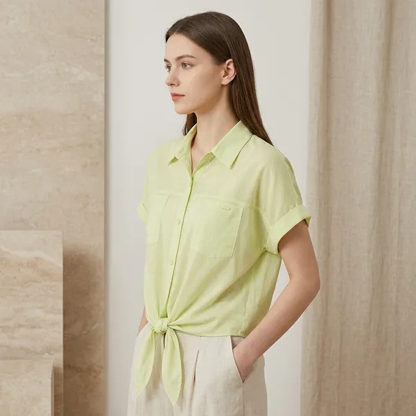 Lime_Green_Cotton_Tie_Front_Collared_Shirt_For_Women