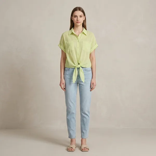 Lime_Green_Cotton_Tie_Front_Collared_Shirt_For_Women