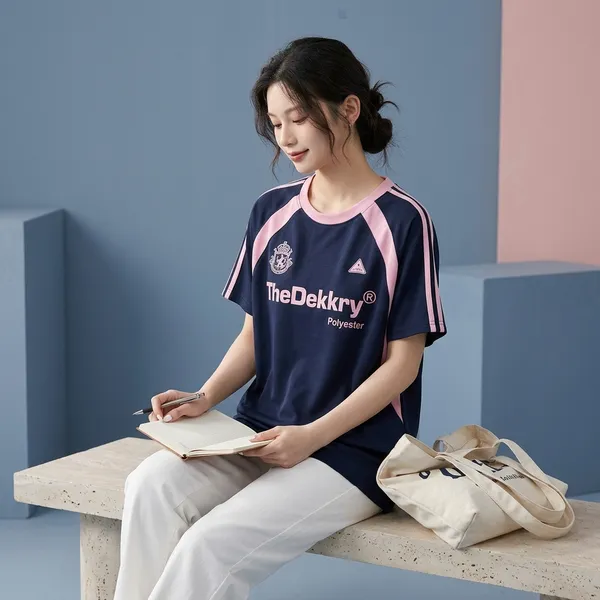 Navy_Blue_And_Pink_Polyester_Sporty_Jersey_T_Shirt_For_Women