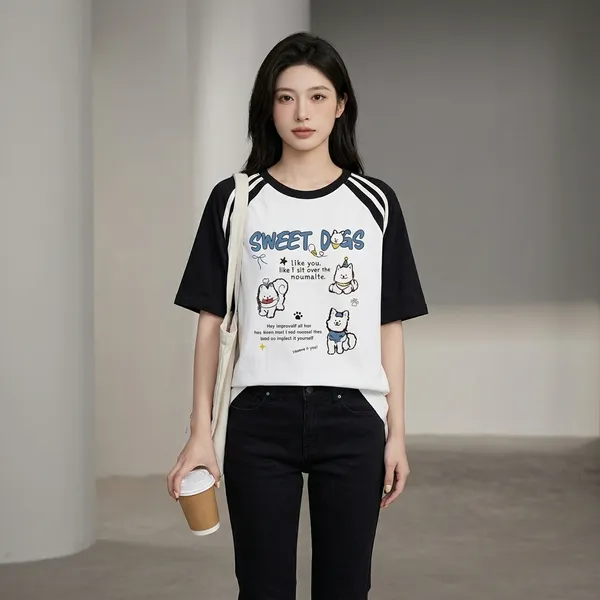 White_And_Black_Cotton_Raglan_Sleeve_Graphic_T_Shirt_For_Women