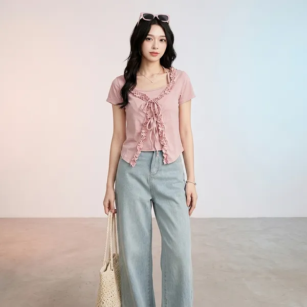 Pink_Cotton_Ruffle_Neck_Short_Sleeve_Crop_Top_For_Women