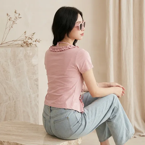 Pink_Cotton_Ruffle_Neck_Short_Sleeve_Crop_Top_For_Women