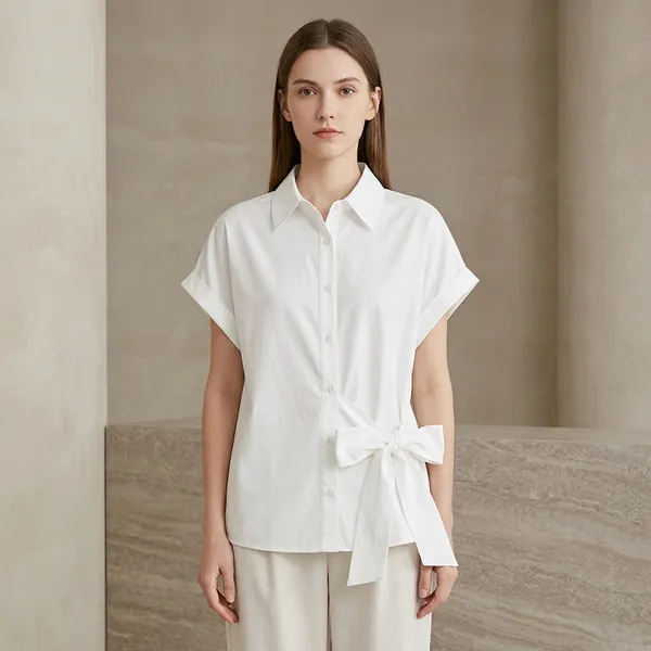 White_Cotton_Relaxed_Side_Tie_Collared_Shirt_For_Women
