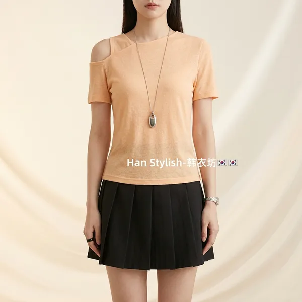 Peach_Cotton_Round_Neck_Short_Sleeve_Crop_Top_For_Women