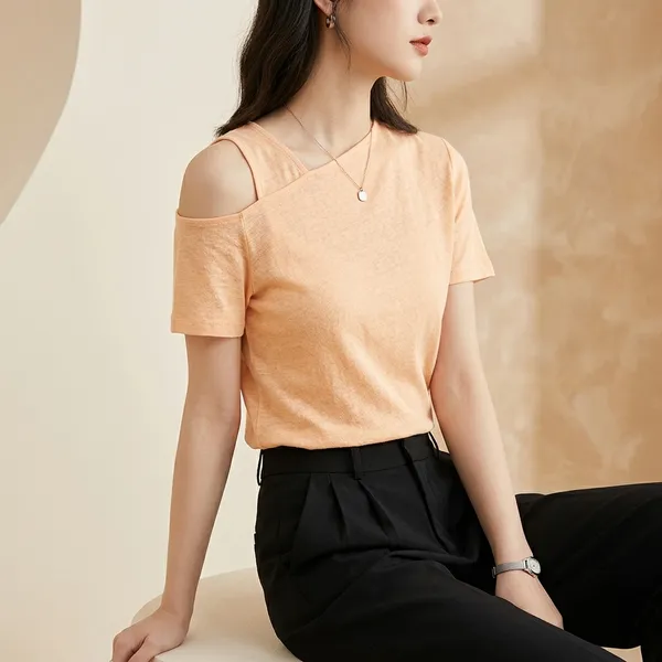 Peach_Cotton_Round_Neck_Short_Sleeve_Crop_Top_For_Women