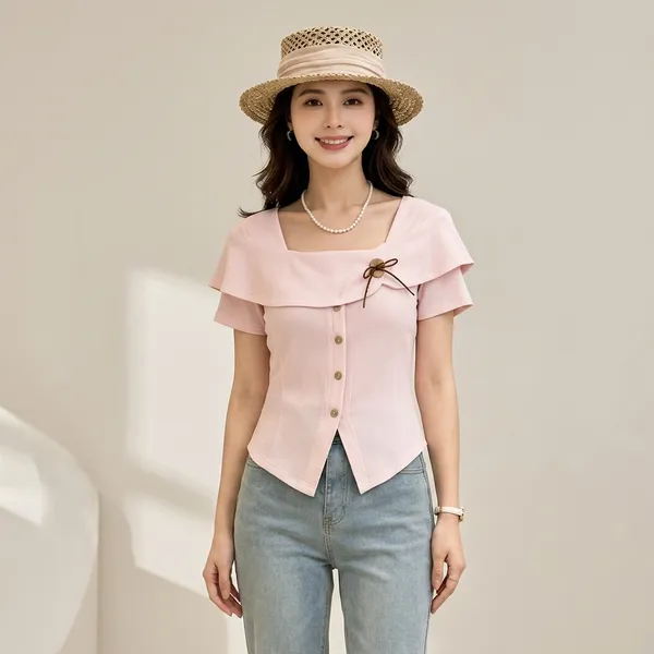 Pink_Cotton_Bow_Detail_Button_Down_Crop_Top_For_Women