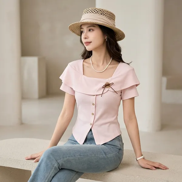 Pink_Cotton_Bow_Detail_Button_Down_Crop_Top_For_Women