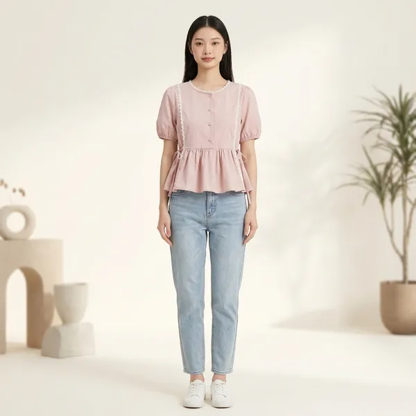 Pink_Cotton_Puff_Sleeve_Peplum_Top_For_Women