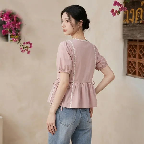 Pink_Cotton_Puff_Sleeve_Peplum_Top_For_Women