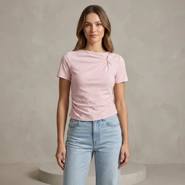 Pink_Cotton_Gathered_Neck_Short_Sleeve_Crop_Top_For_Women