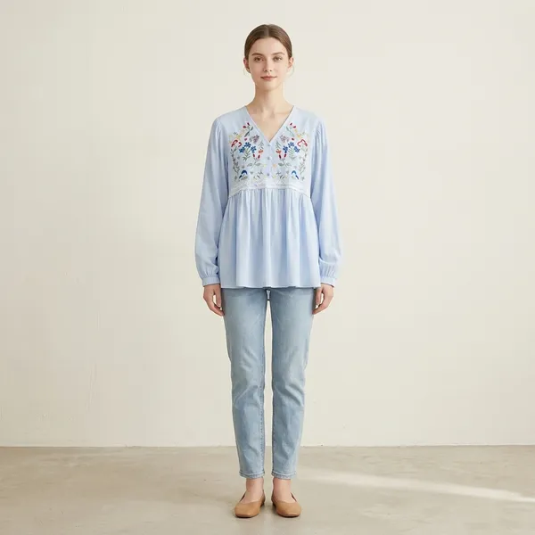 Light_Blue_Cotton_Relaxed_Embroidered_Floral_Tunic_Top_For_Women