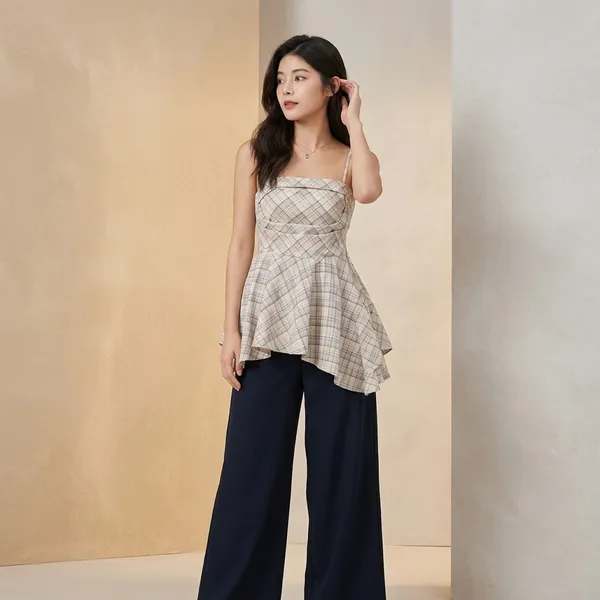 Beige_Cotton_Plaid_Asymmetric_Peplum_Top_For_Women