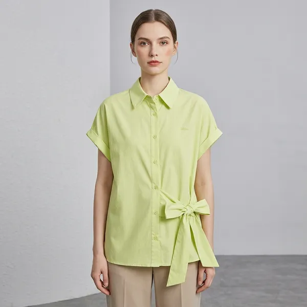 Green_Cotton_Side_Tie_Collared_Shirt_For_Women