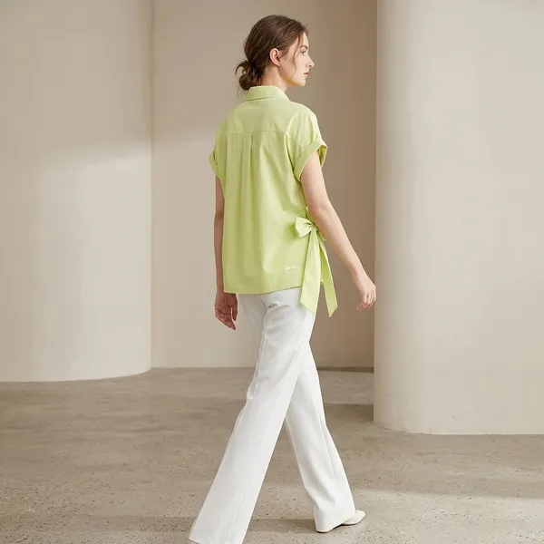 Green_Cotton_Side_Tie_Collared_Shirt_For_Women