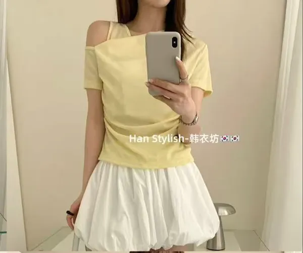 Yellow_Cotton_Cold_Shoulder_Flare_Sleeve_Crop_Top_For_Women