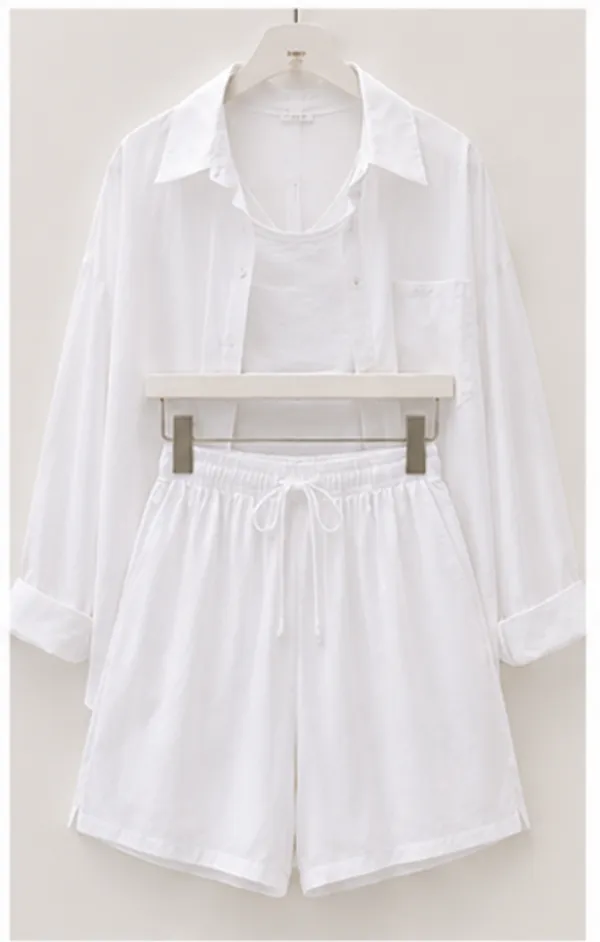 White_Cotton_Relaxed_Collared_Shirt_And_Shorts_Set_For_Women