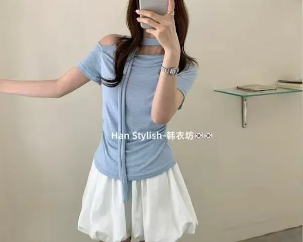 Blue_And_White_Cotton_Off_Shoulder_Short_Sleeve_Dress_For_Women