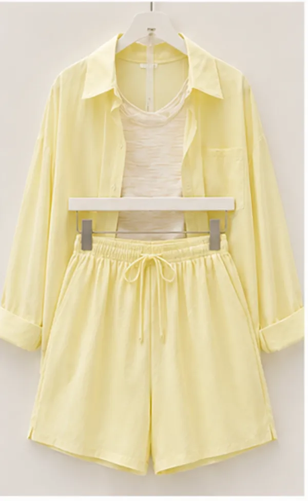 Pastel_Yellow_Sheer_Oversized_Shirt_And_Shorts_Co_Ord_Set_For_Women